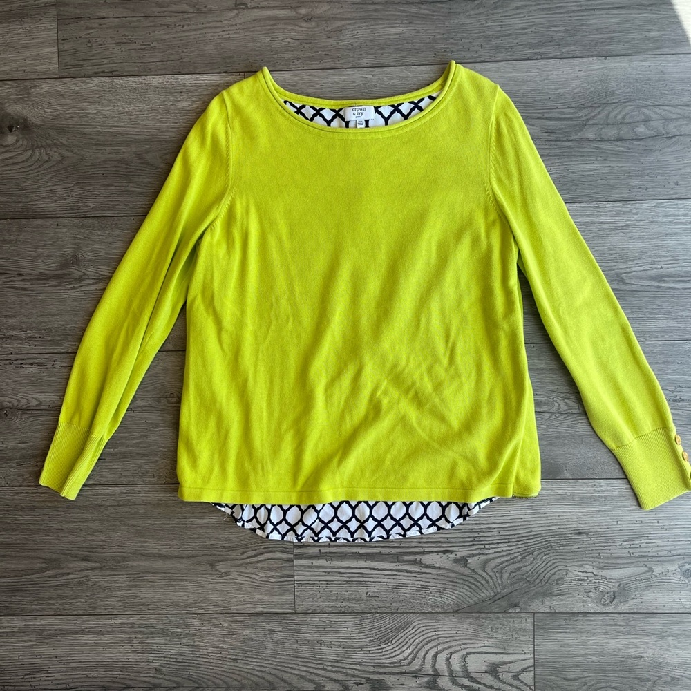 Crown & Ivy Women’s Chartreuse Sweater Patterned Undershirt Layer Petite Medium